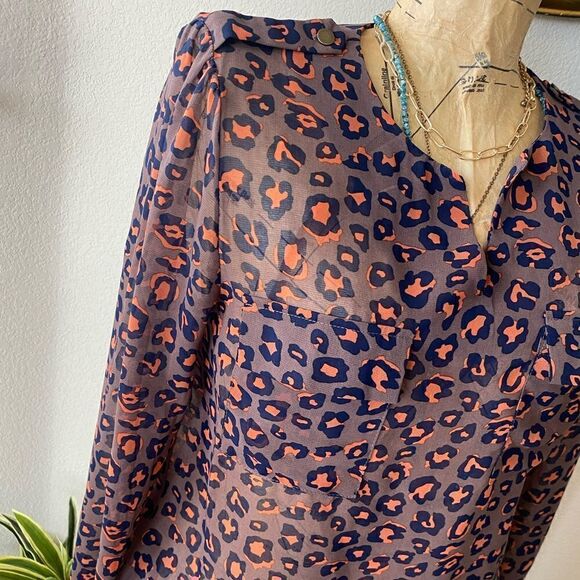 Blue Rain Francescas Orange Blue Brown Leopard Print Sheer Blouse sz S Career - Picture 2 of 9
